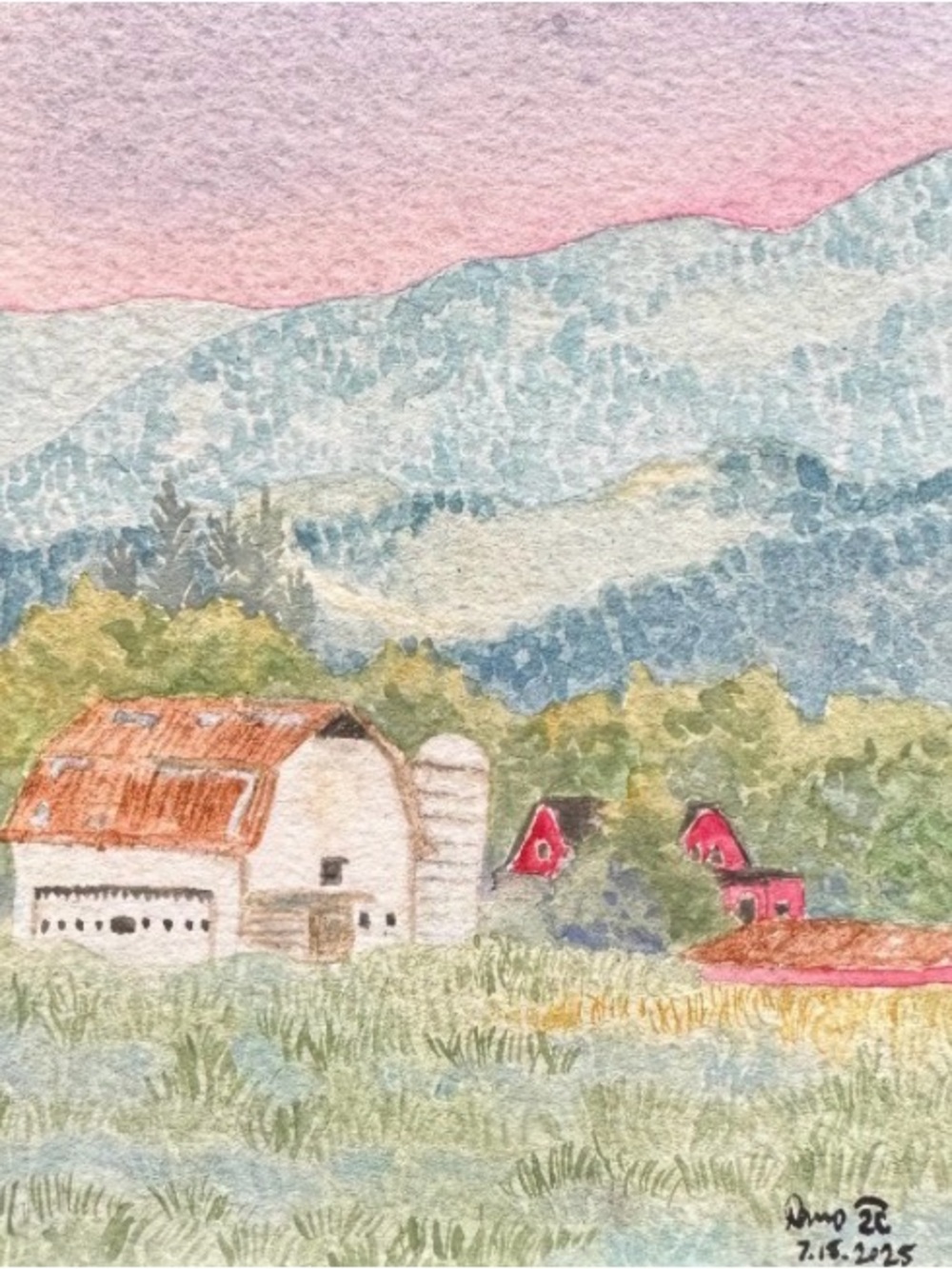 Original Watercolor Farm Landscape Art in Pastel Colors, rural Washington, PNW